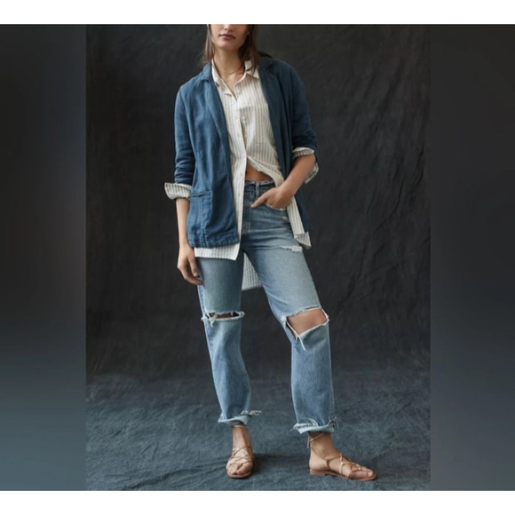 ANTHROPOLOGIE Women's Size US 14 Blue Linen Blend Lagenlook Open Blazer Jacket - Picture 1 of 9